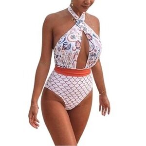 Cupshe White Floral & Coral High-Waist One-Piece Swimsuit